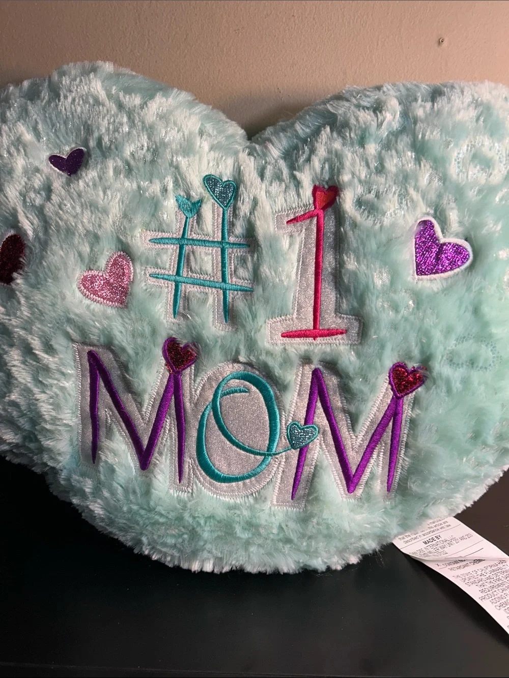#1 Mom Plush Heart Pillow - Aqua with Purple & Pink Accents New with Tags.